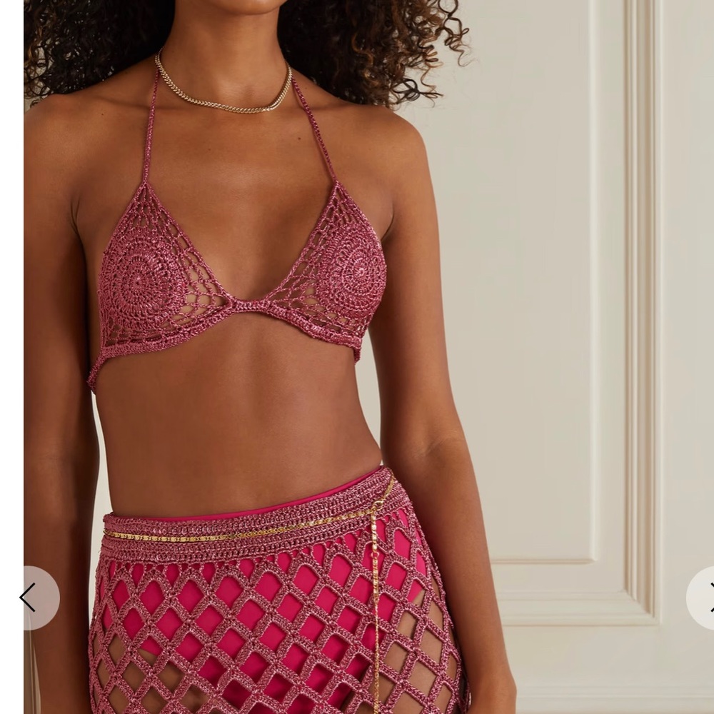 NWT CULT GAIA ORI metallic crochet-knit triangle halterneck bikini top size XS